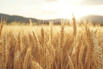 Fototapeta premium A golden wheat field sways gently in the breeze, illuminated by the warm glow of the setting sun against distant mountains.