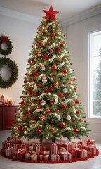 A white background with a large Christmas tree in the center decorated with red and white ornaments, garlands, and berries, white background, red berry, large christmas tree