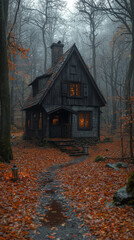 Eerie Abandoned Cabin in a Foggy Autumn Forest