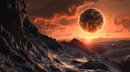 Spectacular panorama of a glowing nebula illuminating a distant alien landscape at sunset