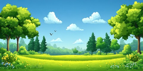 Fototapeta premium Vibrant green landscape with trees and blue sky filled with fluffy clouds on a sunny day