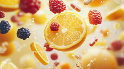 Vibrant Tropical Fruits and Berries Floating in a Colorful Background with Supplement Capsules and Bubbles for a Fresh and Healthy Lifestyle Concept