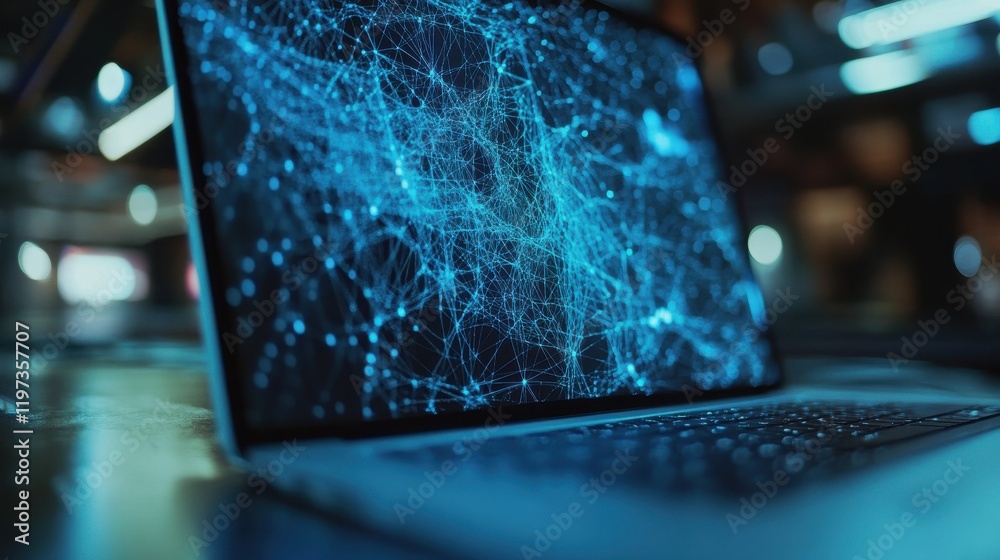 Poster close up of laptop computer with blue polygonal mesh. technology, security and web hacking concept. 