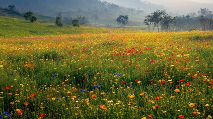Obraz premium A colorful field of mustard flowers under a bright sun, capturing the essence of spring in rural South Asia, with copy space