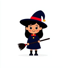 A cartoon illustration of a child in a witch costume, holding a broomstick, with a purple and black outfit, set against a white background.