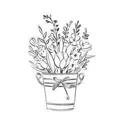 Black and White Floral Bouquet Illustration in Rustic Bucket with Ribbon Bow