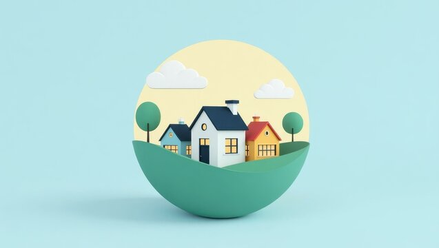 Ai room planner Smart Outlet Hosting core Full fibre broadband Zillow 3D Neobank Huspy Home by me Luko Wyze Miniature colorful houses with trees in round green field, idyllic neighborhood concept, re