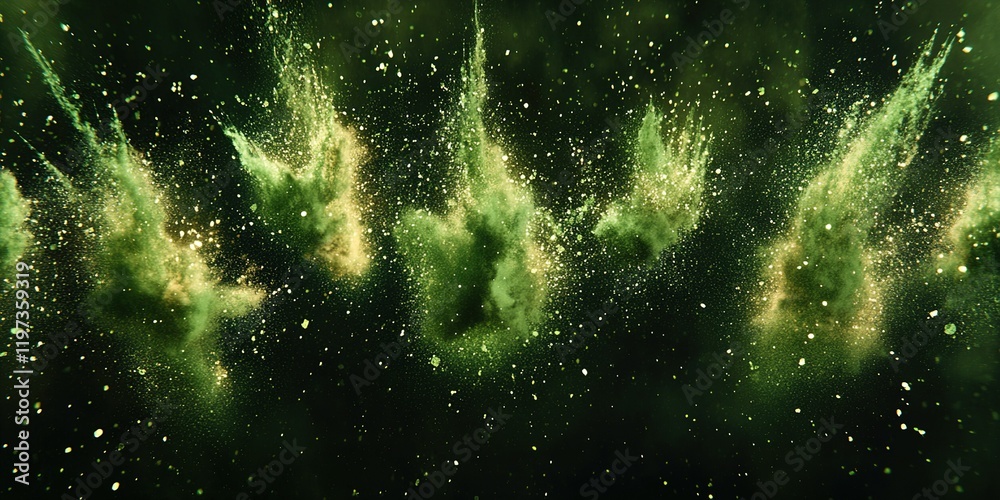 Poster green powder bursts create a dynamic display of color and movement in an abstract visual composition