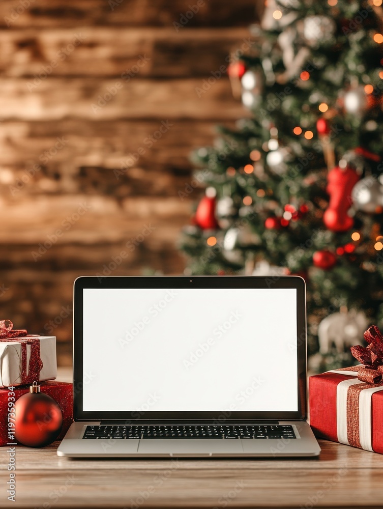Wall mural laptop computer with white blank empty mock up screen on merry christmas table with presents gifts, 