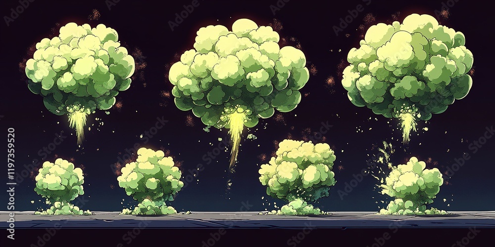 Poster green smoke clouds rising in a sequential explosion against a dark background in a dynamic animation