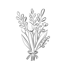 Black and White Floral Bouquet Illustration in Rustic Bucket with Ribbon Bow