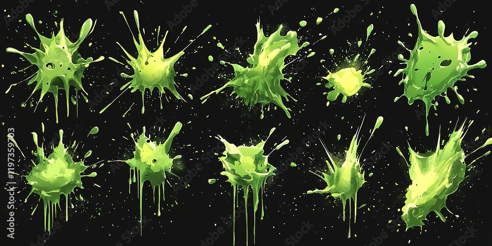 Poster Bright green paint splashes on black background showing various dynamic patterns from different angles and intensities