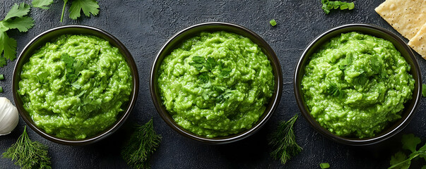 Obraz premium Three bowls green dip, herbs, crackers