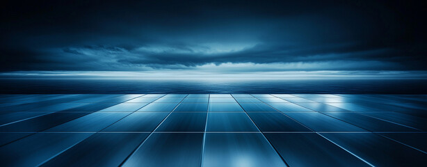 Abstract futuristic blue neon technology grid perspective horizon dark floor digital cyber space platform background