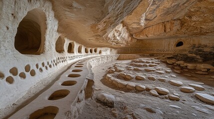 Ancient cave dwellings, sunlit interior, rock-hewn niches, historical site