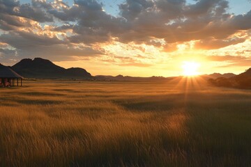 Fototapeta premium Golden wheat field under a vibrant sunset at dusk in a tranquil countryside location