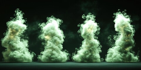 Green smoke clouds rise dramatically against a dark background during a creative visual display at an art event