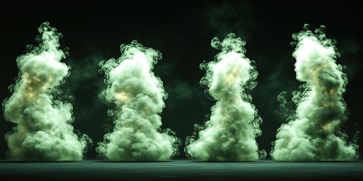 Green smoke clouds rise dramatically against a dark background during a creative visual display at an art event