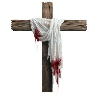 Wooden cross with draped bloodstained cloth on a transparent background clipart