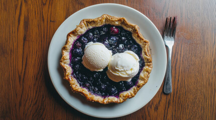 Freshly Baked Blueberry Pie Served with Vanilla Ice Cream on a White Plate Resting on a Wooden Table, Perfect for Dessert Lovers and Food Photography Enthusiasts