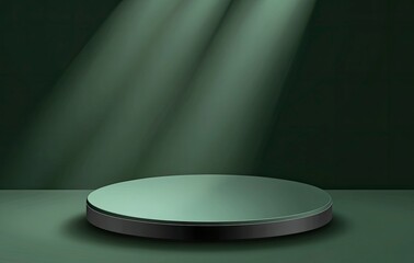 A green podium with a spotlight in the background, vector illustration. Vector illustration of an empty circular stage or pedestal illuminated by spotlights on a green background.