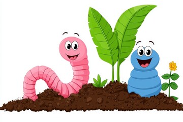 A joyful illustration showing cartoon worms popping out of the soil, with leaves and fruits dropping around them.
