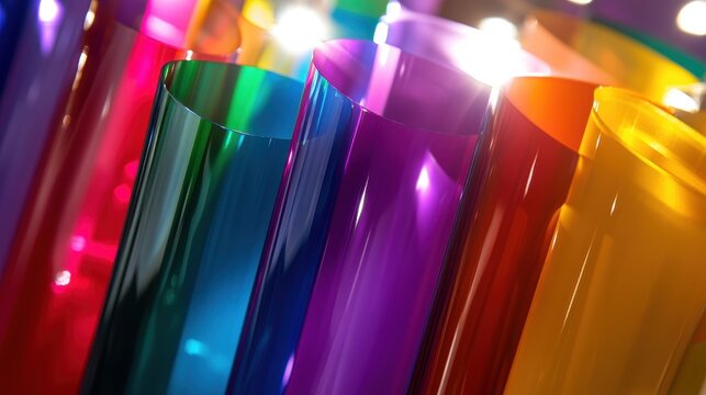 A collection of glossy polymer samples, displayed in close-up, with vibrant colors and smooth, reflective surfaces illuminated by bright laboratory lights.