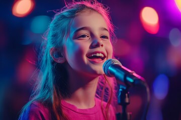 Young girl singing passionately on stage with bright lights in the background during a talent show