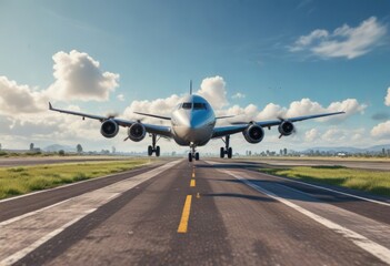 Obraz premium airplane taking off from small airfield amidst blue sky, launch, blue, sky