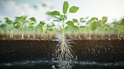 Young seedlings growing strong roots in rich soil