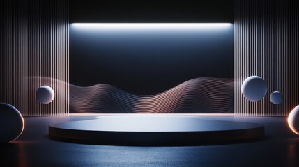 Abstract technological backdrop with glowing waves and geometrical figures and empty space for your logo on dark background. Mockup, 3D rendering