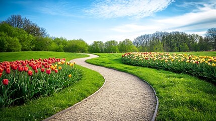 Obraz premium Winding Path Through Springtime Tulip Garden Landscape