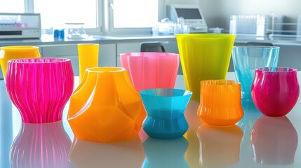 Polymer samples in bright colors, with smooth, reflective surfaces, arranged in a clean, well-lit laboratory setting, capturing the intricate textures and light interactions.