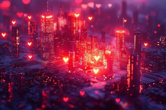 valentine's day, New York City from above, with red glowing hearts in the background