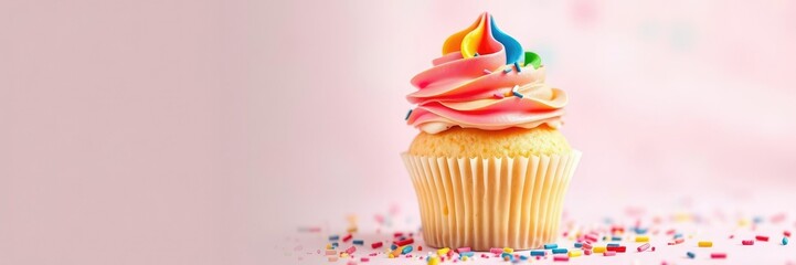 A vibrant vanilla cupcake topped with a swirl of colorful frosting and surrounded by sprinkles on a bright and airy background, colored frosting, bakery decor