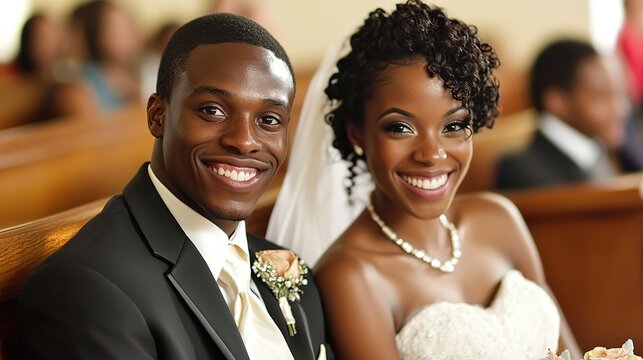 black African couple wedding romantic portrait on wedding day at wedding ceremony, bride and groom smiling together