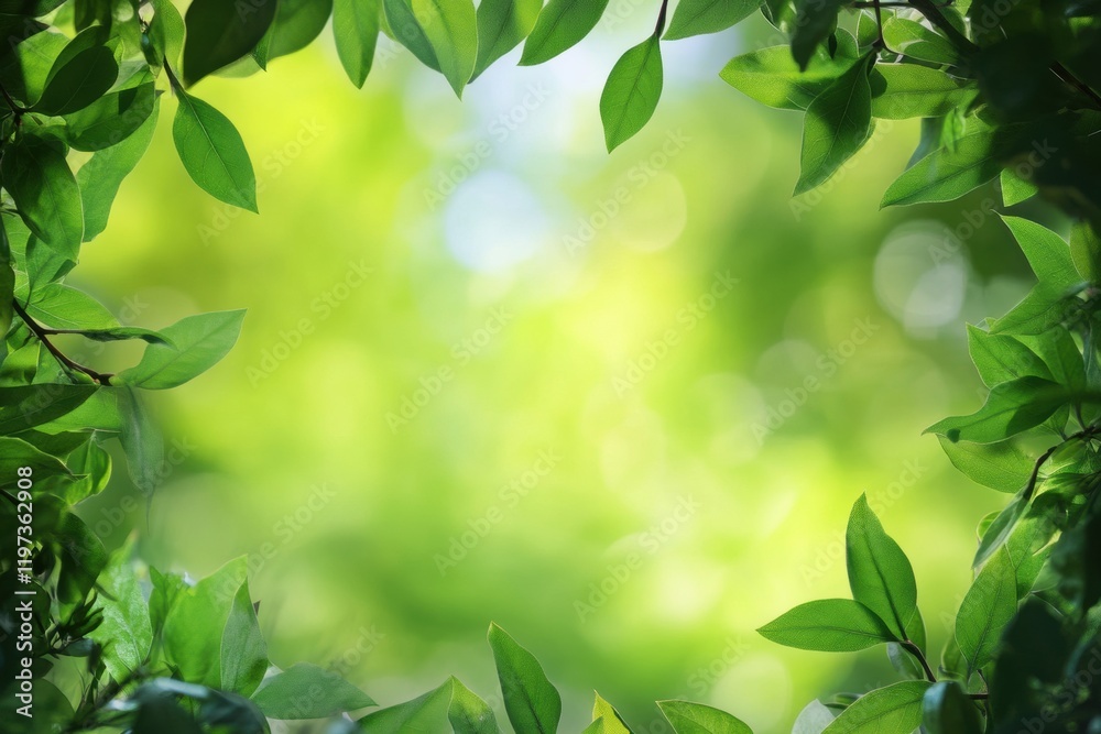 Poster Nature frame with vibrant green leaves creating a tranquil atmosphere for text placement. Generative AI