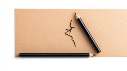 Sketching Ideas: Two black pencils rest on kraft paper, one leaning against the other, next to a simple line sketch, suggesting creativity and artistic inspiration. 