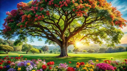 A stunning tree with vibrant flowers and lush greenery, symbolizing growth and renewal, colors, flowers, vibrant, tree of life