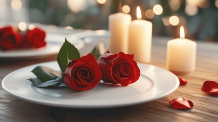 Fototapeta premium Romantic Valentine's Day Dinner Setup A Candlelit Table Setting with Red Roses, Evoking Love and Harmony for a Perfect Romantic Evening Create an Intimate and Passionate Atmosphere with this