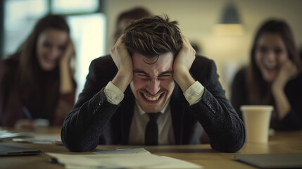 Frustrated Man in Professional Setting with Laughing Colleagues in the Background Highlighting Workplace Stress Pressure and Emotional Challenges in Business Environment