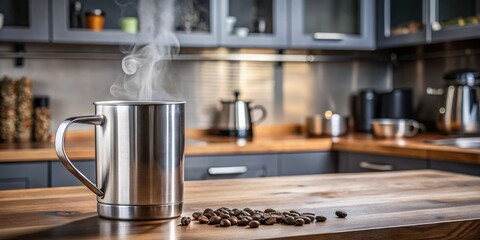 A stainless steel coffee mug is filled with steaming hot coffee on a sleek and modern kitchen counter surrounded by industrial-chic decor, coffee, sleek, appliances, cooking