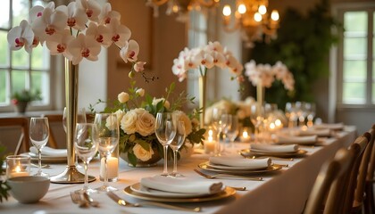Romantic wedding table set with white cake, glasses, and fresh blooming flowers