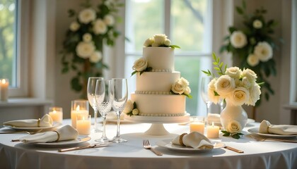 Classic wedding setup with white table, cake, glasses, and vibrant floral arrangements