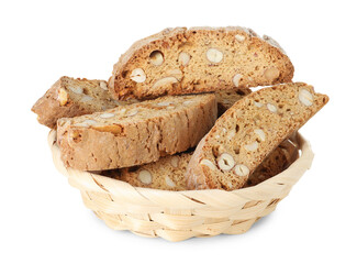 Traditional Italian almond biscuits (Cantucci) in wicker basket isolated on white