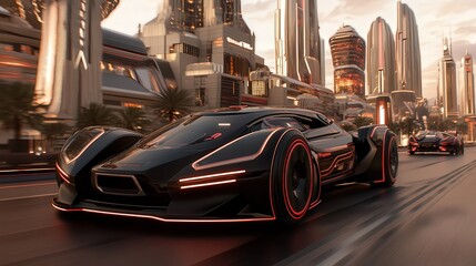 Obraz premium Sleek Black Vehicle Navigating Bustling Urban Street with Skyscrapers and Lively Pedestrians Creating Dynamic City Life Atmosphere at Dusk