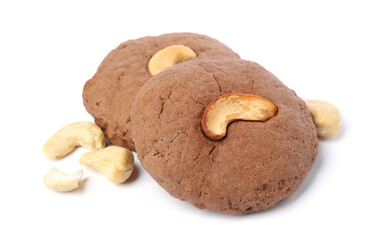 Tasty chocolate cookies with cashew isolated on white