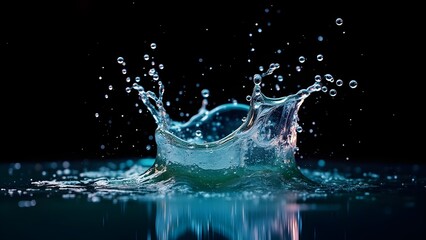 A colorful splash of water frozen mid-air against a black background