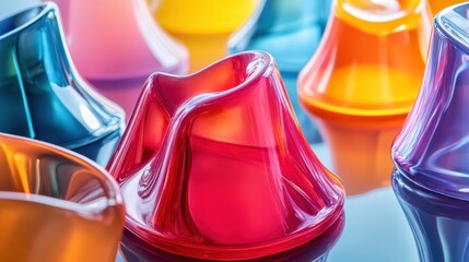 Macro shot of glossy, semi-transparent polymer samples in various shapes and colors, emphasizing their surface reflections and smooth textures under sharp lighting.