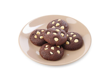 Tasty chocolate cookies with hazelnuts isolated on white